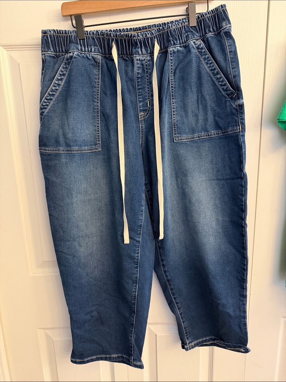 Lane Bryant Women’s  Relaxed Denim Capris in Blue with Cream Drawstring